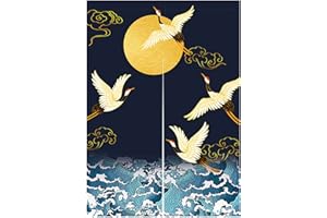 LIGICKY Japanischer Stil dick Leinen Noren Lang Vorhänge Weißer Kranich Meereswellen und Mond Türvorhang Raumteiler Tapisserie für die Heimtextilien Raumteiler 85 x 120 cm Blau