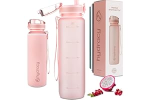 Hydracy Water Bottle with Time Marker -Large 1 Litre BPA Free Water Bottle & No Sweat Sleeve -Leak Proof Gym Bottle with Fruit Infuser Strainer & Times to Drink -Ideal for Fitness Sport & Outdoor