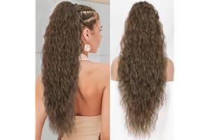 PORSMEER Pferdeschwanz Haarteil Lang 76 cm mit Kordelzug Wellig Locken Ponytail Extension Braun Natürliches Clip in Haarteil Ponytail Kunsthaar Haarzopf für Damen Afro Zopf Haarverlängerunge
