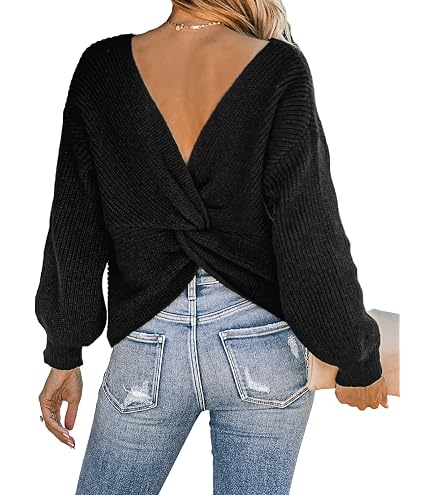ZAFUL Women's V-Neck Criss Cross Back Knit Sweater – Cropped Pullover With Lantern Sleeves