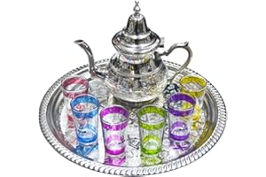 HORUS ARTESANÍA DE EGIPTO Ensemble de thé marocain complet. Théière 750 ml plateau 32 cm 6 verres typiques en verre