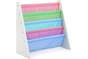 Humble Crew Pastel Wooden Bookshelf for Children, 4 Tier Book Storage Organiser with Deep Fabric Pockets, Forward Facing Book Display for Easy Identification - White/Pink/Blue/Green/Yellow