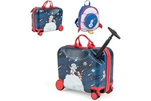 GOPLUS Valise Enfant Fille Garçon, Valise Enfant à roulettes 18" & Sac à Dos 12", Bagage Voyage Enfant d'Assise avec Repose-Pieds, Surface Étanche, Poignée Réglable, Motif Astronaute, Charge 50/8KG
