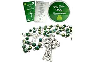 Westmon Works Irish First Communion Rosary Set with Green Ireland Beads, Metal Celtic Crucifix, Holy Card, and Case
