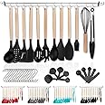Berglander Silicone Kitchen Utensils Set 38 Pieces, Non-Stick Cooking Utensils Set, Wood Handle Kitchen Cookware Tools with Muti-Use Hooks and Utensil Racks (Black)