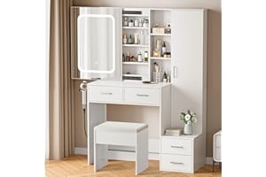 Aiorber Schminktisch mit Beleuchtung und Hocker: LED Einstellbare Helligkeit 3 Farben - Schminktisch mit Spiegel und 1 Hochschrank - Moderne frisiertisch mit 4 Schubladen 3 Offenen Ablagen, Weiß