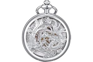 ManChDa Antique Mécanique Montre de Poche Chanceux Dragon & Phoenix (Meilleurs voeux) Cadran Squelette avec chaîne pour Les Hommes Femmes + Coffret