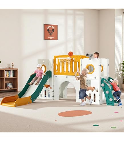 Structure De Jeu Toboggan Pour Enfant - Avec Panier De Basket, Tunnel, échelle, Coffre Rangement - Pour Intérieur/extérieur - Modèle Tower-I-Blue - 5