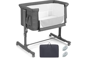 ‎COSTWAY COSTWAY 3 in 1 Beistellbett & Babywiege & Reisebett, 5-stufig Höhenverstellbares Babybett neigbar, Kinderbett inkl. Matratze, Tragetasche, Stubenwagen für Babys bis 9kg belastbar (Dunkelgrau)