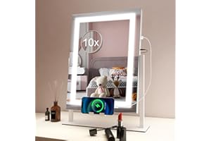 STARLEAD Specchio-Trucco-con-Luci 3 Colori Dimmerabili, Specchio-con-Luci-Make-Up con Lente D'ingrandimento 10X, Porta Ricarica USB, Supporto Telefono, Specchio-LED con Rotazione 360°, Bianco