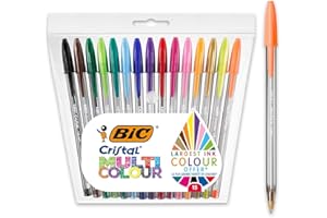 BIC Cristal Multicolour Stylos-Bille (Pointe Large (1,6 mm) / Parfait pour l'Ecole et au Bureau) - Couleurs Assorties, Pochette de 15