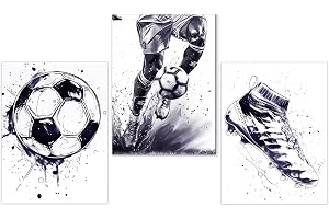 KQDRAVINE Set med 3 fotbollsaffischer Svartvita blåaktiga färger Canvaskonstbilder Modern affischkonsttryck Bild Vardagsrum S