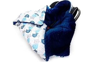 MILLALU Hooded CAR SEAT PADDED BABY BLANKET Reversible Cotton / Minky * COVER * COSYTOES * PUSHCHAIR BLANKET (White Elephants on Blue with Blue Minky)