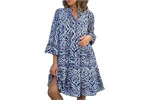 ZEIAYUAS Women V Neck 3/4 Sleeve Midi Dress Vintage Ethnic Print Ruffle Casual Short Dresses Loose Beach Holiday Sundress Ladies Plus Size Summer Casual Dresses UK