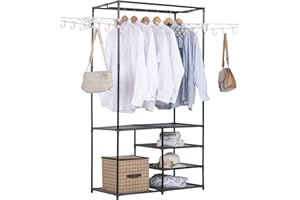 eSituro Perchero de Pie Perchero con Banqueta Almacenaje Multiusos de Entrada con 4 Estantes Mucho Colgadores para Ropa Zapatos, Bolsos, Negro SGR0014