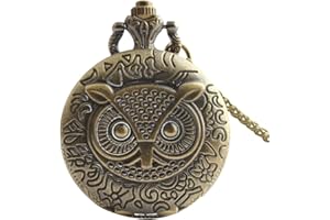 Joielavie Montre Gousset Bronze Hibou Chouette Chiffre Arabe Décoration Fine Gravure Collier Alliage Montre de Poche Vintage Cadeau Homme Femme