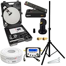 Produktbild von PremiumX Mobile Camping SAT Anlage Satellitenschüssel TV Receiver Satelliten Finder Single Lnb 10m Kabel Koffer Camp Stativ Wettergeschuetztes Lnb Mit 01 Db Rauschmass 4k Und 3d Unterstuetzung Stabiles Camp Stativ