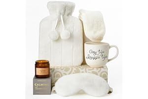 SEASONAL STREET Set Regalo con Borsa Acqua Calda – Boule Acqua Calda Bianco da 1000ml con Calzini, Tazza, Candela, Mascherina per gli Occhi e Libro da Colorare con Matita