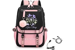 Roffatide KATSEYE ryggsäck för elever stor skolväska med fack Kpop present med USB-laddningsport, Rosa A, Medium, Avslappnad