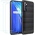 iVoler Cover per Oppo Realme 6 / Oppo Realme 6S con 3 Pezzi Pellicola Vetro Temperato, Fibra di Carbonio Nero Custodia in Mor