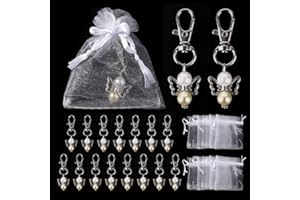 Heqishun 15 Pieces Pearl Angel Keyring Clips + 15 Pieces Organza Gift Bags, Angel and Pearl Lobster Clasp Pendant for DIY Crafts, Wedding Gift Bags Decoration