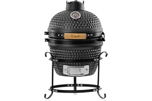 Griglia Kamado BBQ-Toro a carbonella Haiiro Ø 32 cm con termometro, manico in legno | Grigio opaco, bubble frosted glaze | Griglia Kamado in ceramica, mini griglia a carbonella