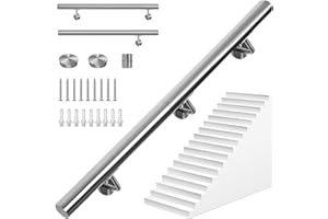 OUUTMEE 200CM Main Courante pour Escaliers en Acier Inoxydable, Rampe d'Escalier Murale avec Supports, Intérieure/Extérieure Main Courante pour Escaliers, Grenier, Porche, Garage et Terrasse (Argent)