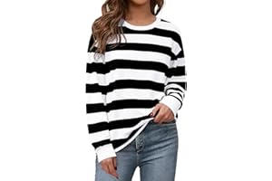 Aottori Sweatshirt Damen Oversized Pullover Gestreiftes Elegant Langarmshirt Rundhals Baumwolle Oberteile Langarm Locker Pulli Herbst Casual