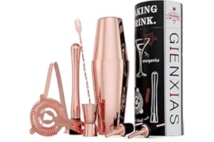 GIENXIAS Cocktail Set 9-teilig – Cocktail Shaker 750ml aus Edelstahl mit 2X Ausgießer, Barlöffel, Messbecher, Cocktailstampfer, Eiswürfelzange, Sieb & personalisierbarer Geschenkbox – Barkeeper Set (Roségold)