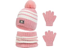 Waylipun Cappello Invernale per Bambini Guanti Sciarpa Set, Inverno in Cappello a Maglia Termica Sciarpa Guanti Set, per Bambini Ragazzi Ragazze, 3-8 Anni, Set di Accessori Invernali