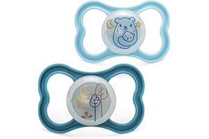 MAM Air Night Soothers | 18-36 Months | 2 Pack | Glow in The Dark Dummies | Comes in Dummy Steriliser Case | Sustainable Materials | Baby Accessories | Blue (Various Designs)