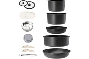 RIOVARM Induzione Set di pentole e padelle con manici staccabili, Impilabile Antiaderente In granito Set di pentole con coperchi, Salvaspazio Set di utensili da cucina Senza PFOA, Padella, Casseruole