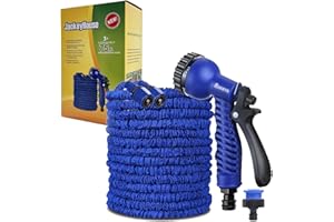 Jackeyhouse 100FT / 150FT / 200FT Magic Stretch Flexible Expandable 3 x Expanding Garden Hose Pipe Natural Triple Layer Light Weight Non Kink with 7 Setting Water Spray Nozzle Gun (Classic 75 Feet)