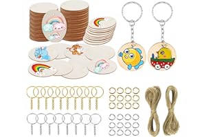 DILIGHTNEWS 100 Piezas Pedazo de Madera Redondo, Troncos Madera Decoracion para Pintura, Trozos de Madera para Manualidades, Con 100 Llaveros y Cuerda 20 M, Para DecoraciÓN de Fiestas y Manualidades de Pintura