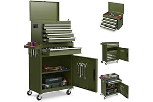 GYMAX Armario de Herramientas, Carro de Herramientas con 5 Cajones y Ruedas, 2 Ruedas con Bloqueo, Gancho, Estante Ajustable y Forro Antideslizante