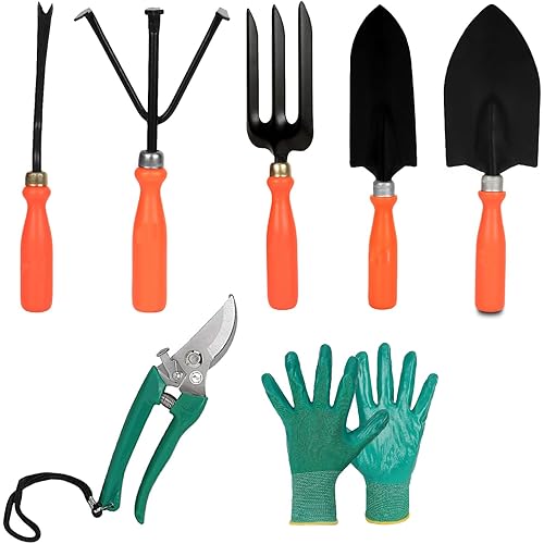 Kraft Seeds Home Tools, 7Pcs Gardening Tools Kit for Home Garden - (Cultivator, Fork, Trowels, Weeder, Gloves, Pruner Cutter), Lightweight, Portable, Durable Gardening Items for Indoor and Outdoor Use