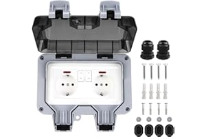 HOSPAOP Gniazdo zewnętrzne IP66, podwójne gniazdo zewnętrzne z wyłącznikiem, natynkowe gniazdo ogrodowe ze stykiem uziemiającym do wilgotnego ogrodu na zewnątrz, gniazdo zewnętrzne 2x z odchylaną pokrywą