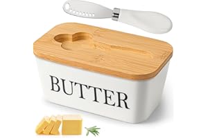 WEXOMA Butterdose mit Holzdeckel, Butterdose Keramik mit Buttermesser, Multifunktion Butterdose Porzellan, 250 g Butter Dish, Butterglocke, Butterbox