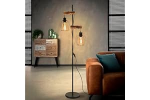 ZMH Lampadaire vintage, pour salon, à 2 lampes, design industriel, en métal et bois,avec interrupteur, noir, culot : E27, hauteur : 163 cm, sans ampoule