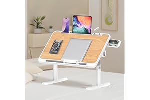 Ferghana Table de lit à Hauteur réglable,Tavolo pieghevole per Laptop,Bureau Portable Pliable - Table Pliante pour canapé,Sol,lit,extérieur (Tiroir + Petit Ventilateur + LED, Noyer)