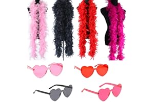 CRAYFOMO 8 PCS Colorful Feather Boas and Heart Glasses,6.6ft Turkey Feather Boas Fancy Dress with Heart Shaped Sunglasses Party Accessories for Wedding Party,Concert,Fancy Dress,Hen Night,Halloween