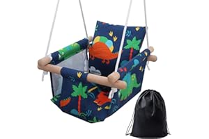 PELLOR Wooden Baby Swing Seat with Backrest and Safety Harness, Adjustable Handmade Swing Seat for Toddler Indoor & Outdoors (Green Blue)