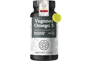 NATURE LOVE® Omega 3 vegan - Markenrohstoff life's®Omega - hochdosiert mit 1.444 mg Algenöl pro Tagesdosis - 90 Kapseln - nac