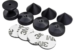 PrecisionGeek Jeu de Pointes et Patins d'enceinte diamètre 20 mm Pointes Coniques en Aluminium anodisé Noir Patins moletés sur Le côté Autocollants Inclus pour Barres de Son systèmes HiFi