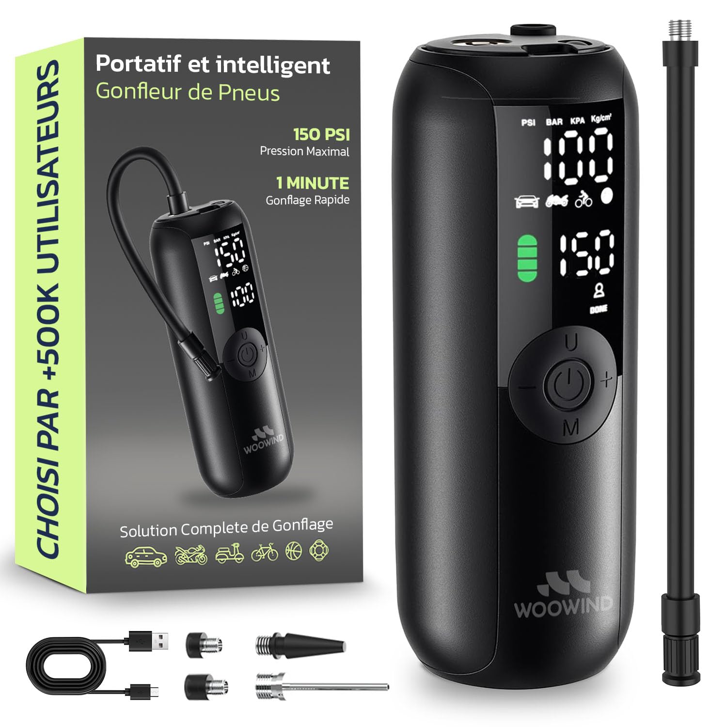 Woowind LP1 Elektrische luchtpomp met batterij 150 psi (10,3 bar) Mini fietscompressor, 5 standen, geïntegreerd digitaal display, ledlampje voor auto, fiets, elektrische fiets | Opblazen in 1 minuut, draagbare luchtcompressor voor auto's, fietsen, motorfietsen en ballen, lcd-display en ledlamp