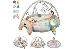 MOMTEND Baby Play Mat, Baby Play Gym,Plush Play Mat with 6 Toys and Moon Pillow,Foldable Detachable Zoo Design Baby Gym for Early Education Develop Motor&Cognition,Suitable for Babies Aged 0-18 Months.