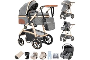 Zkiprm Baby Stroller 3-in-1, Travel System Includes Car Seat, Pushchair and Pram, Compact Stroller with Adjustable Armrests, Impact Protection, Landscape High Aluminum Frame