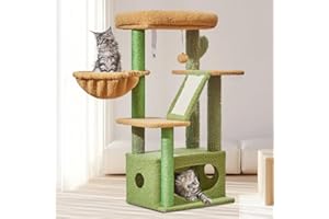 Taoqimiao Tiragraffi per Gatti, 97cm Stabile Albero Tiragraffi per Gattii con 1 Grotte, 1 Cestini, 4 Pali Graffiatoi, 1 piattaforme, Materiale di Flanella Morbida, Verde MS029ST