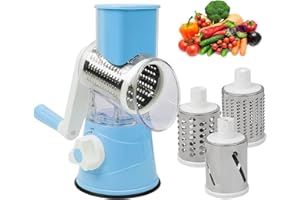 OITUGG Cheese Grater Rotary - 3 in 1 Rotary Cheese Grater Vegetable Slicer - Rotary Graters for Kitchen, with 3 Pcs Thicker Sharp Blade, for Coarse Shredding, Fine Shredding, Slicing, Light Blue