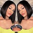 Bob Wear and Go Glueless Wig Human Hair Pre Plucked Pre Cut 4X4 Ready to Wear Glueless Straight Bob Lace Front Wigs For Women HD Transparent Lace Closure Wigs Human Hair Natural Black Color 10 Inch